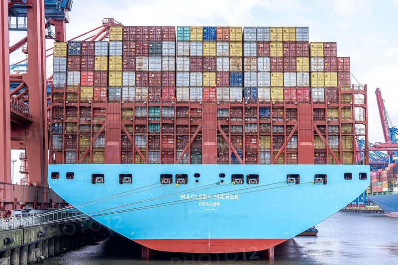 Magleby Maersk container freighter at EUROGATE Container Terminal, Waltershofer Hafen, one of the largest container ships in the world, capacity of 18, 270 TEU, Triple E class, Hamburg, Germany, Europe