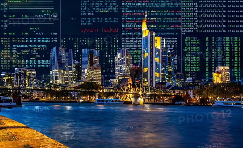 Symbolic image cyberattack, computer crime, cybercrime, computer hackers attack the IT infrastructure of a city, Frankfurt am Main