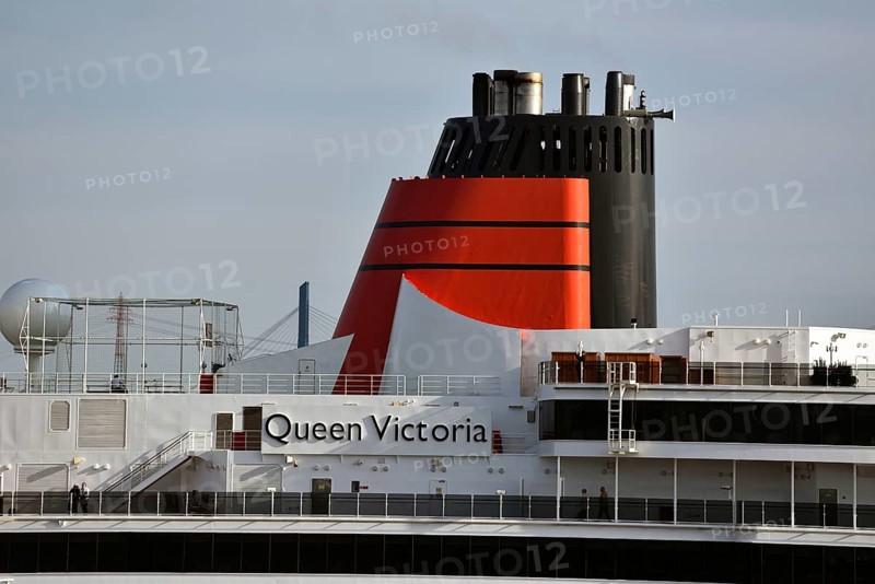 Europe, Germany, Hanseatic City of Hamburg, Elbe, harbour, passenger ship Queen Victoria, typical smokestack, exhaust pipe, Europe