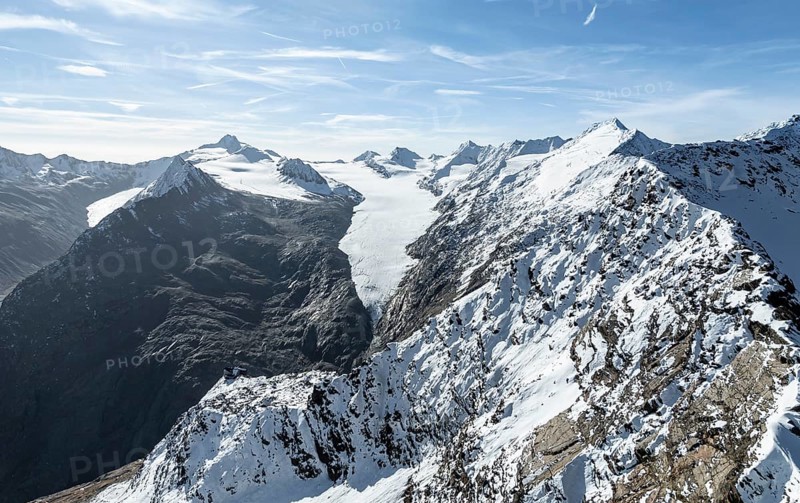 Mountain landscape with snow and glacier at Ramoljoch, glacier Gurgler Ferner, aerial view, Obergurgl, Ötztal Alps, Tyrol, Austria, Europe