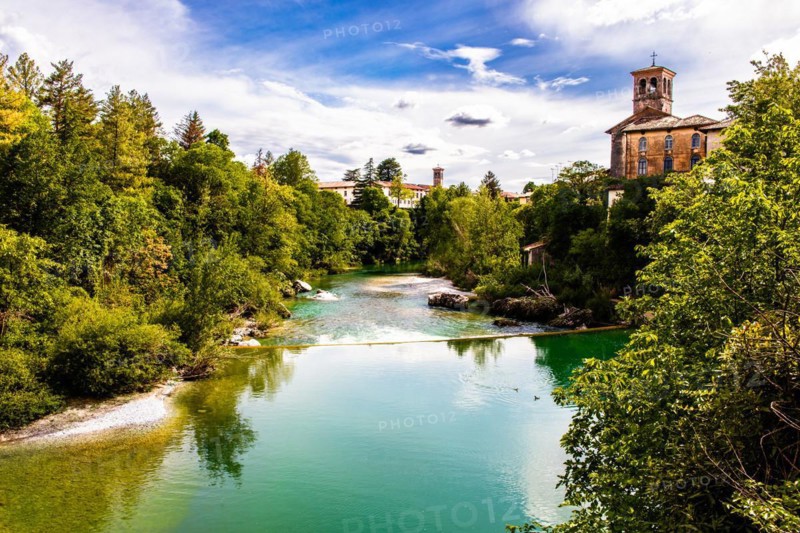 View from the 15th century Ponte del Diavolo leading over the Natisone river into the historic centre, Devil's Bridge, Cividale del Friuli, city with historical treasures, UNESCO World Heritage Site, Friuli, Italy, Cividale del Friuli, Friuli, Italy, Europe