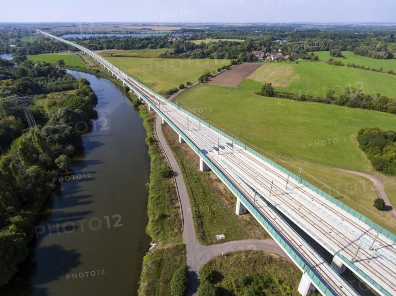 Aerial view of the approximately six-kilometre-long Saale Elster Valley Bridge near Halle, the longest railway bridge in Germany. The section is part of the new ICE railway line between Munich and Berlin, Halle, 22/09/2016