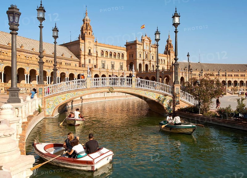 The Plaza de Espana, Seville, Spain built in 1928 for the Ibero-American Exposition of 1929. It is a landmark example of the Renaissance Revival style in Spanish architecture