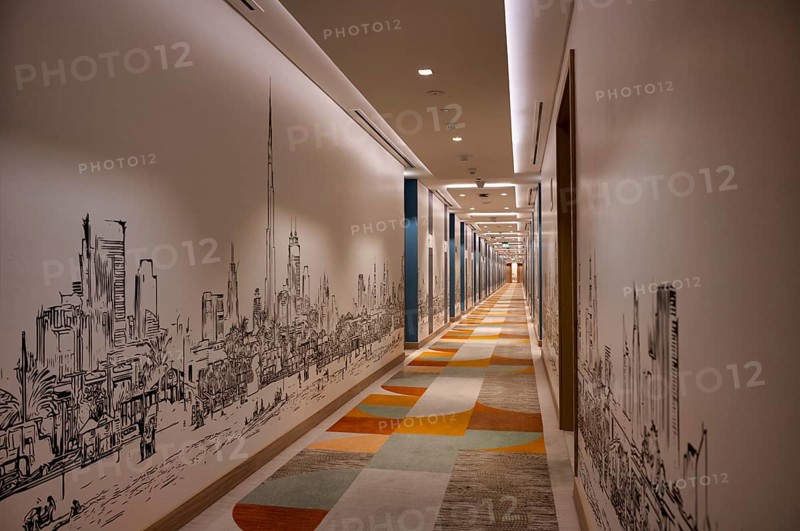 Interior view of corridor with Burj Khalifa wallpaper, Hotel NH Collection The Palm Jumeirah, Dubai, United Arab Emirates, VAR, Asia