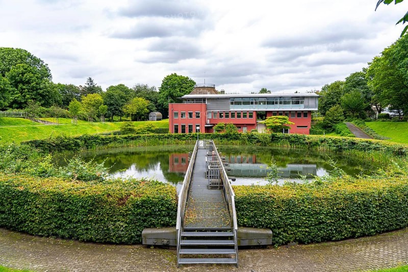 Emscher sewage treatment park, former LÃ¤ppkes Mühlenbach sewage treatment plant, now a park and information centre for Emscher renaturation, North Rhine-Westphalia, Germany, Europe