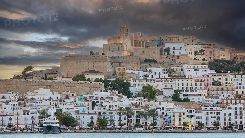 Dark clouds over the fortress and the old town of Eivissa, Ibiza Town, Ibiza, Balearic Islands, Mediterranean Sea, Spain, Europe