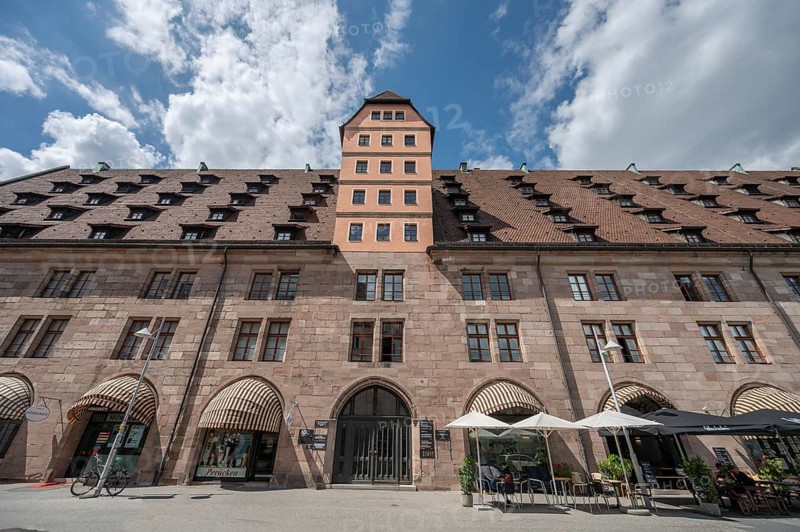Dormer windows on the historic toll hall, built 1498-1502, former granary, Hallplatz 2, Nuremberg, Middle Franconia, Bavaria, Germany, Europe