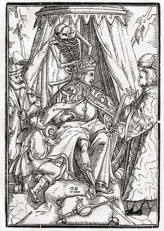 Der Tod kommt für den Kaiser Woodcut by Georg Scharffenberg after Hans Holbein the Younger from Der Todten Tanz, published Basel 1843, Death comes for the Emperor Woodcut by Georg Scharffenberg after Hans Holbein the Younger From Der Todten Tanz or The Dance of Death published Basel 1843, Historic, digitally restored reproduction from a 19th century original, Record date not stated