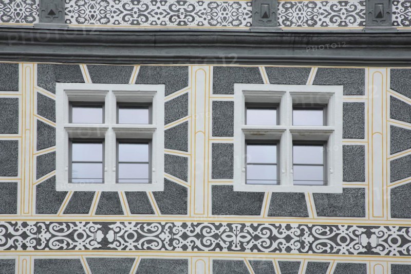 Renaissance house wall with two windows and sgraffiti, decorations, ornaments, grey, white, former court chancellery, administrative court, Montegelaplatz, Ansbach, Middle Franconia, Franconia, Bavaria, Germany, Europe