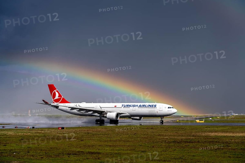 Turkish Airlines Airbus A330-303, TC-JOJ, on the west runway, rainbow, Frankfurt am Main Airport, FRA, Hesse, Germany, Europe