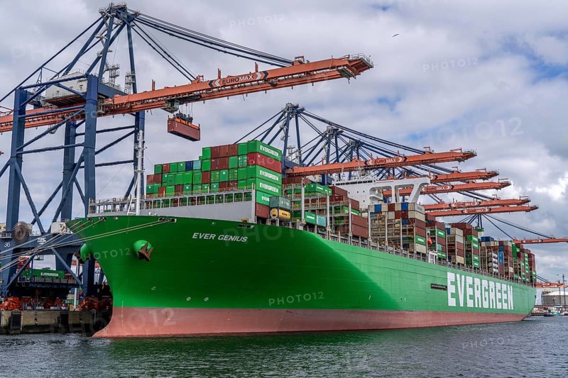Euromax Container Terminal, container freighter Ever Genius, Evergreen shipping company, being loaded and unloaded, seaport of Rotterdam, deep sea harbour Maasvlakte 2, on a man-made land area, Netherlands