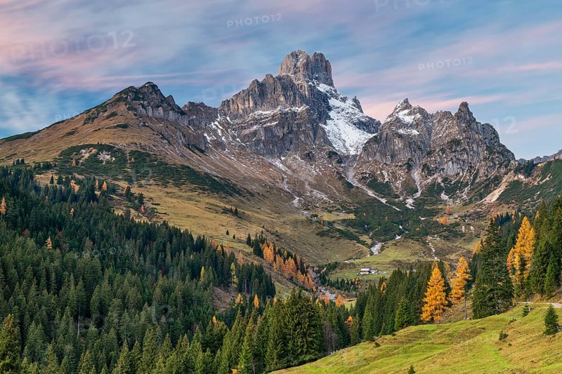 Autumn forest in front of the large Bischofsmütze, sunset, Gosaukamm, Dachstein mountains, Filzmoos, Pongau, Salzburg, Austria, Europe