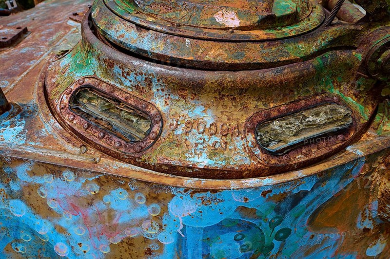 Rusty and coloured close-up of an old tank, clear traces of corrosion visible, Anthony Quinn Bay, Vagies Bay, Rhodes, Dodecanese, Greek Islands, Greece, Europe