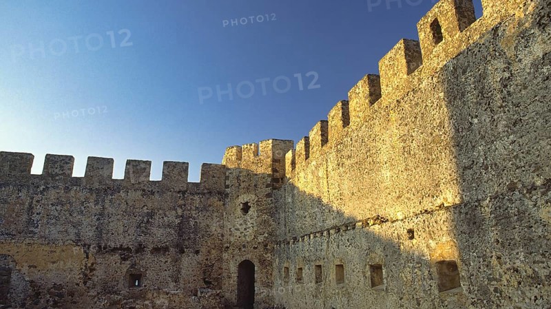 Scan, interior, super wide angle, tower, walls, battlements, blue cloudless sky, Frangokastello, Venetian fortress, fortress castle, Sfakia, West Crete, south coast, island of Crete, Greece, Europe