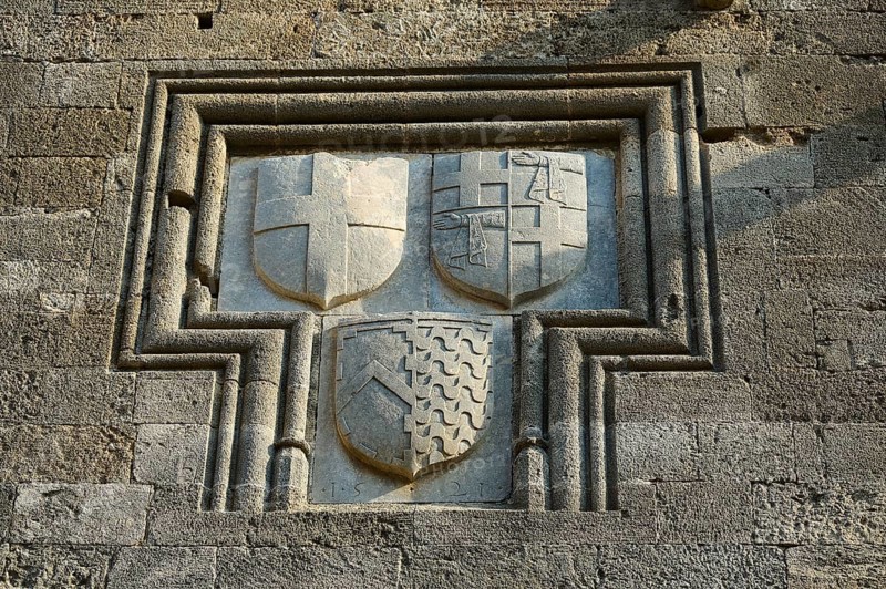 Relief with three coats of arms in a rectangular stone frame on a medieval wall, Knights' Street, Rhodes Old Town, Rhodes Town, Rhodes, Dodecanese, Greek Islands, Greece, Europe