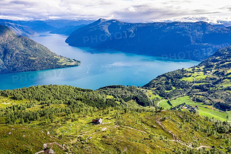 Aerial view of the Lustrafjord, the inner Sognefjord, view over slopes of Mt. Molden, Norway, Europe