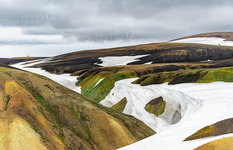 Colourful volcanic landscape with hills and snow, Laugavegur trekking trail, Landmannalaugar, Fjallabak Nature Reserve, Icelandic Highlands, Sudurland, Iceland, Europe