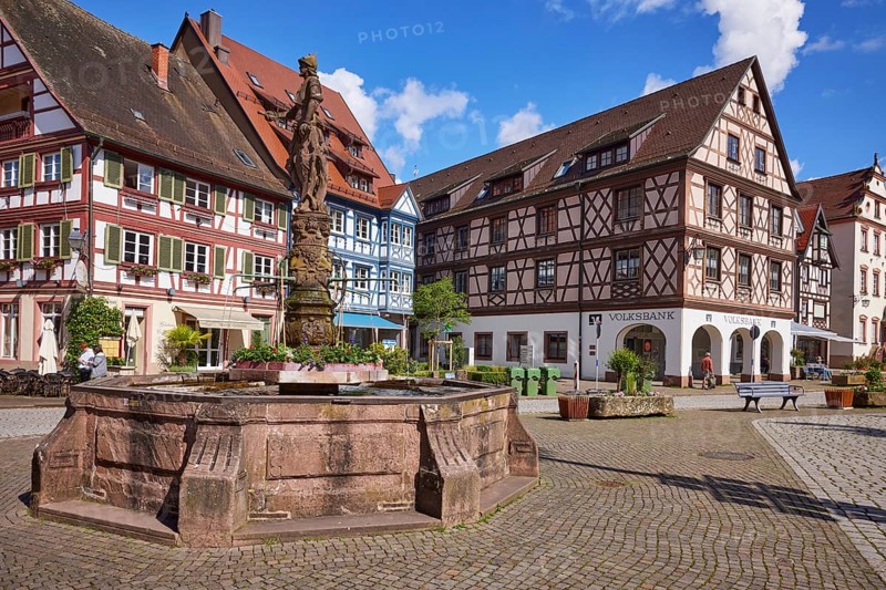 Market fountain with knights and half-timbered houses with the Volksbank Lahr eG branch in Gengenbach, Black Forest, Ortenaukreis, Baden-Württemberg, Germany, Europe