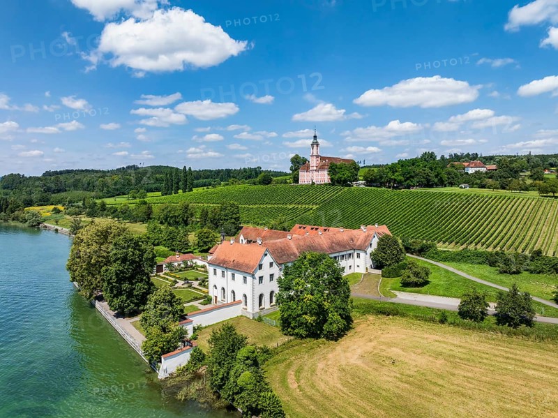 Aerial view of Maurach Castle on Lake Constance, below the Birnau pilgrimage church on a vineyard, Uhldingen-Mühlhofen, Lake Constance district, Baden-Württemberg, Germany, Europe