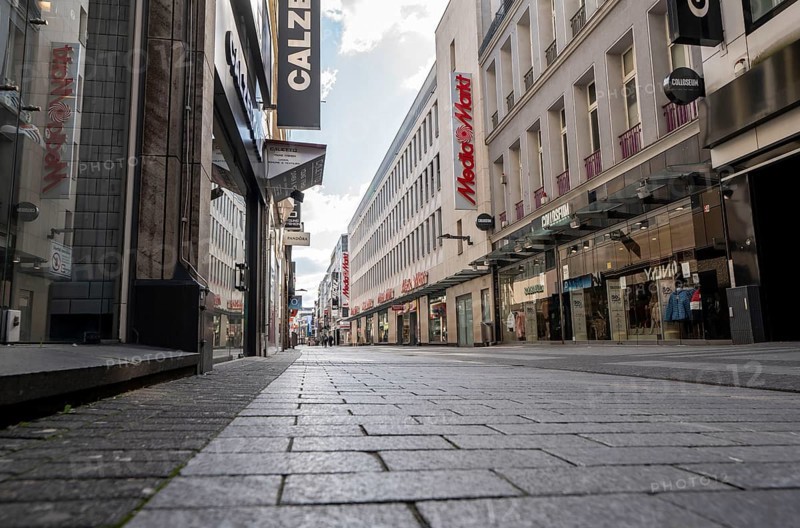 Effects of the coronavirus crisis, empty shopping street, around 1400 hours on Saturday, normally thousands of people go shopping here at this time, Hohe StraÃŸe in Cologne, Germany, Europe