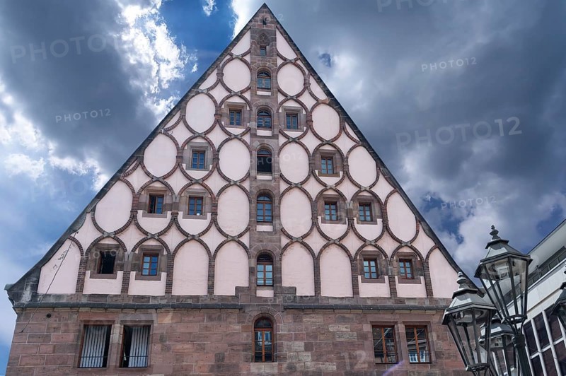 Gable of the east side of the historic toll hall, built 1498-1502, former granary, Hallplatz 2, Nuremberg, Middle Franconia, Bavaria, Germany, Europe