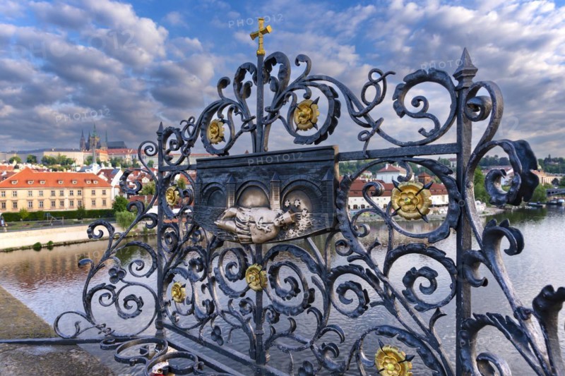 Bronze relief, Saint Nepomuk falling over the bridge, laying hands on the relief is said to bring good luck, Charles Bridge, Prague, Bohemia, Czech Republic, Europe