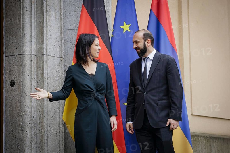 Trilateral meeting at Villa Borsig between Germany, Armenia and Azerbaijan. Annalena BÃ¤rbock (Alliance 90/The Greens), Federal Foreign Minister, meets the Foreign Minister of the Republic of Armenia, Ararat Mirzoyan. Berlin, 28.02.2024. Photographed on behalf of the Federal Foreign Office