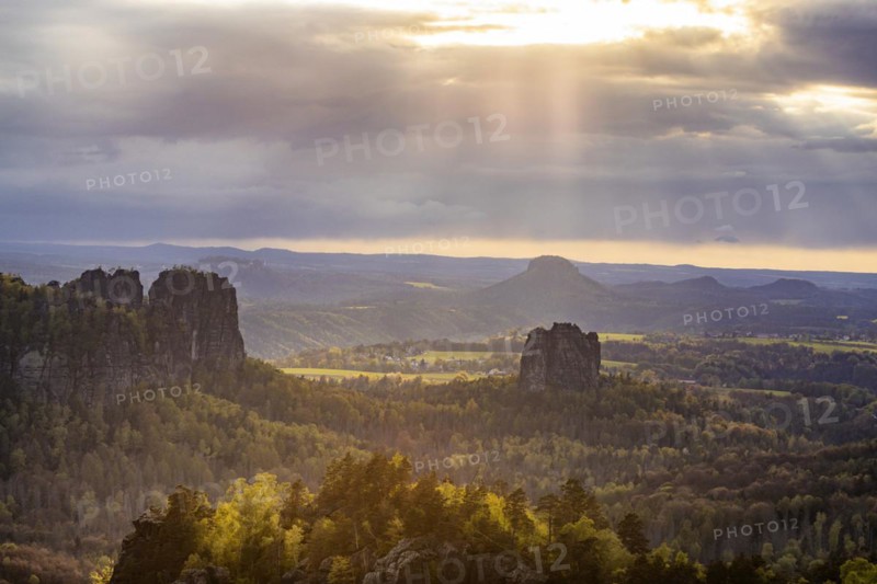 View of the Schrammstein chain, the Falkenstein and the Lilienstein from the Carolafelsen, Bad Schandau, Saxony, Germany, Europe
