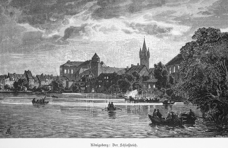 Castle pond in Kaliningrad, Königsberg, Oblast Kaliningrad, Russia, leisure, pleasure, rowing boats, cityscape, church, historical illustration 1880, Europe