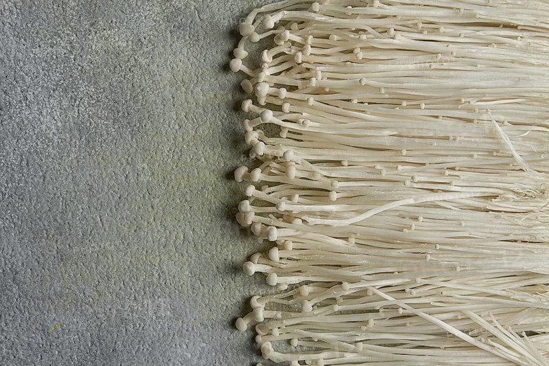 Enoki mushrooms, raw, top view, close-up