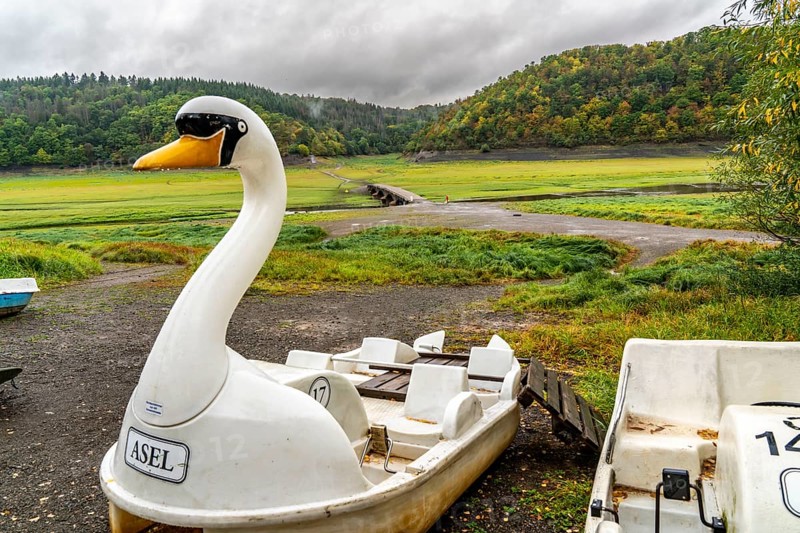 The Edersee, near Waldeck, the third largest reservoir in Germany, is currently only 13% full, the lake was last full in May 2022, dried out due to lack of rain, boat hire on dry land, near Asel-Süd, Asel bridge, the lake shore and the lake bed is overgrown with fresh grass, Hesse, Germany, Europe