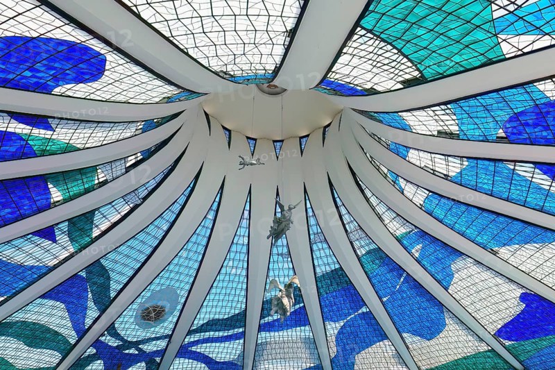 Angels hanging from the stained-glass ceiling, Roman Cathedral of Brasilia or Metropolitan Cathedral of Our Lady of Aparecida, designed by Oscar Niemeyer, World Heritage Site, Brasilia, Federal district, Brazil, South America