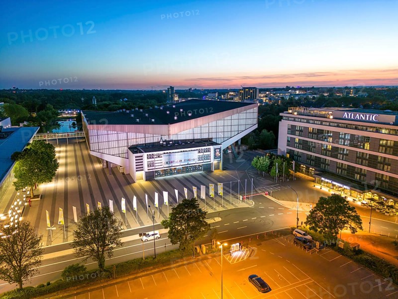The Grugahalle, left, and the Atlantic Congress Hotel, Essen North Rhine-Westphalia, Germany, Europe