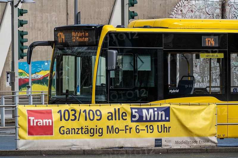 Ruhrbahn transport bus, at Essen-Steele S-Bahn station, interface between rail transport and the tram and bus lines, advertising for faster intervals, in Essen, North Rhine-Westphalia, Germany, Europe