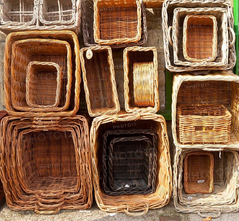 Display of wicker baskets in Burford, Oxfordshire, England, UK
