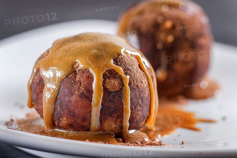 Energy balls cakes with chocolate and caramel on white plate on black background. selective focus, close up