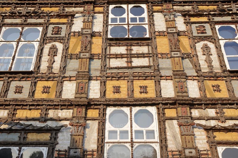 Façade of the Junkerhaus, half-timbered house by Karl Junker, Lemgo, North Rhine-Westphalia, Germany, Europe