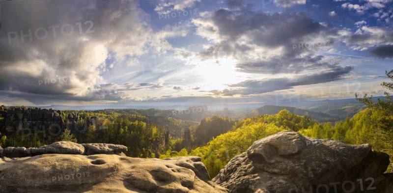 View of the Schrammstein chain, the Falkenstein and the Lilienstein from the Carolafelsen, Bad Schandau, Saxony, Germany, Europe
