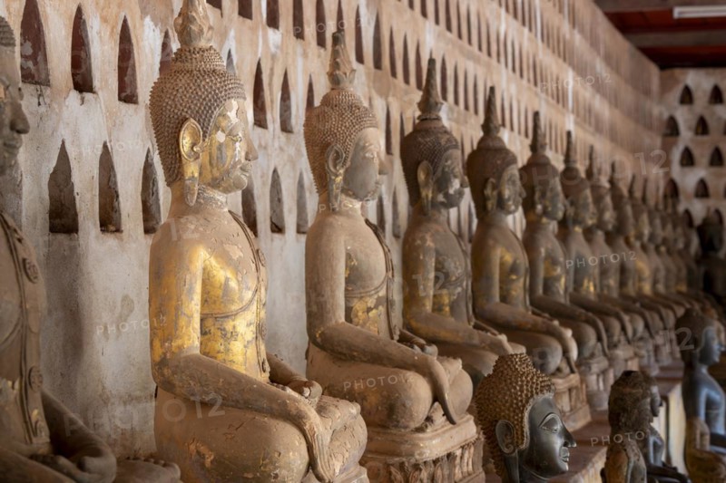 Ancient Buddha statues in the courtyard of Wat Si Saket, Vientiane, Vientiane province, Laos, Asia