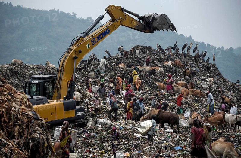 Municipality workers working with excavator as rag pickers searches for recyclable materials next to cows and birds at a garbage dumpsite, on the eve of World Environment Day, in Guwahati, Assam, India on 04 June 2022. World Environment Day is the biggest international day for the environment. Led by the United Nations Environment Programme (UNEP) on June 05 every year