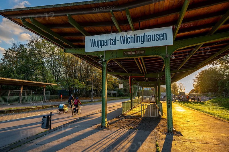 The Nordbahntrasse, a cycle path, footpath, on a former 22 KM long railway line, along the west-east axis of Wuppertal, on the northern slope, with many tunnels, viaducts and views of the city, old railway platform, Wuppertal, North Rhine-Westphalia, Germany, Europe