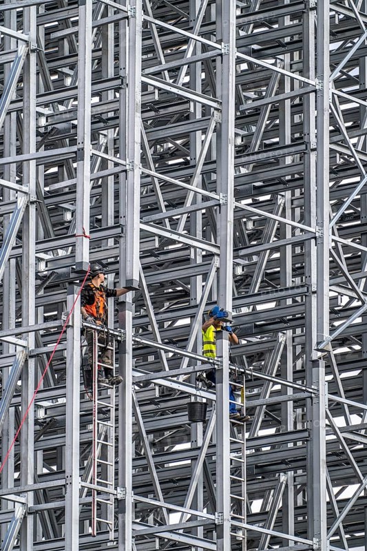 Construction of a high-bay warehouse, storage system for high space utilisation, in steel construction, North Rhine-Westphalia, Germany, Europe
