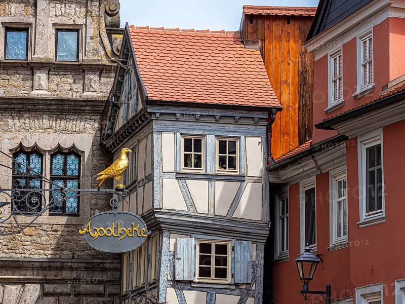 Historical houses in downtown Ochsenfurt at river Main, Bavaria, Germany, Europe