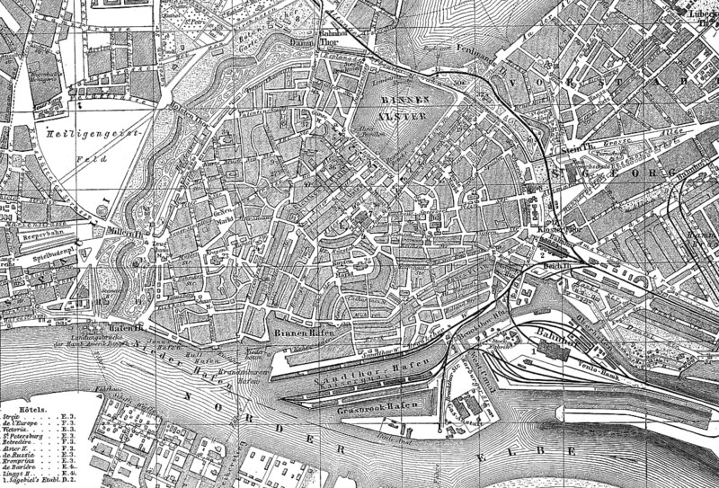 City map of Hamburg, Germany, in 1885, Historical, digital reproduction of an original from the 19th century, Europe