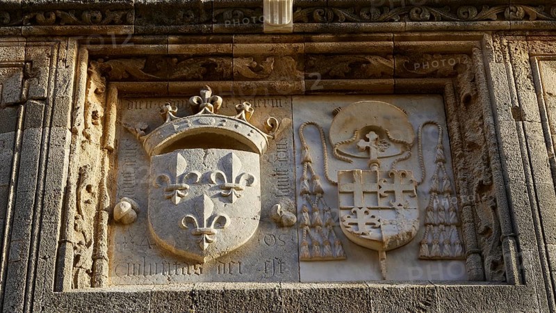 An elaborately designed stone relief with historical coats of arms and symbols from the Middle Ages, Knights' Street, Rhodes Old Town, Rhodes Town, Rhodes, Dodecanese, Greek Islands, Greece, Europe