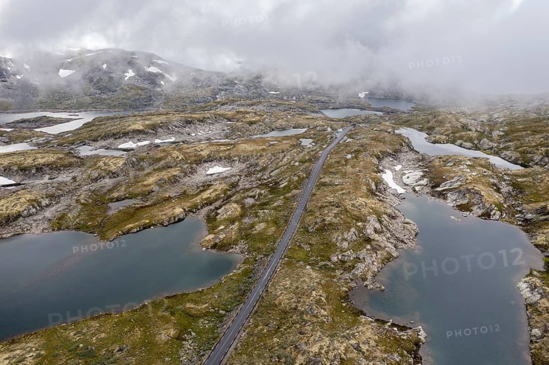 Aerial view of the Sognefjell road, mountain road along Jotunheimen National Park, Norway, Europe