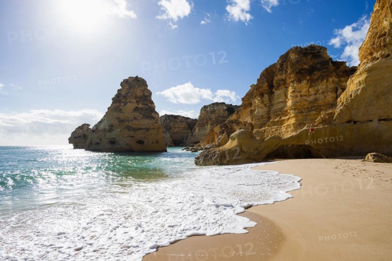Beach and coloured rocks, Praia da Marinha, Carvoeiro, Algarve, Portugal, Europe