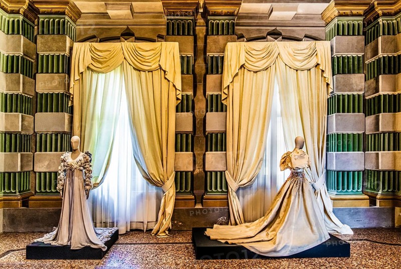 Right Wedding dress made of silk organza, embroidered with appliquéd fabric flowers, 1983, exhibition of magnificent evening dress creations by fashion designer Roberto Capucci, 17th century Villa Manin, residence of Ludovico Manin, Codroipo, Friuli, Italy, Codroipo, Friuli, Italy, Europe