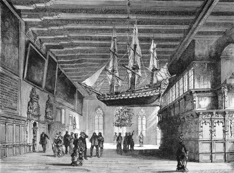 Town hall of Bremen, town hall, government, model ship, three-master, beamed ceiling, painting, visitor, Germany, historical illustration 1880, Europe