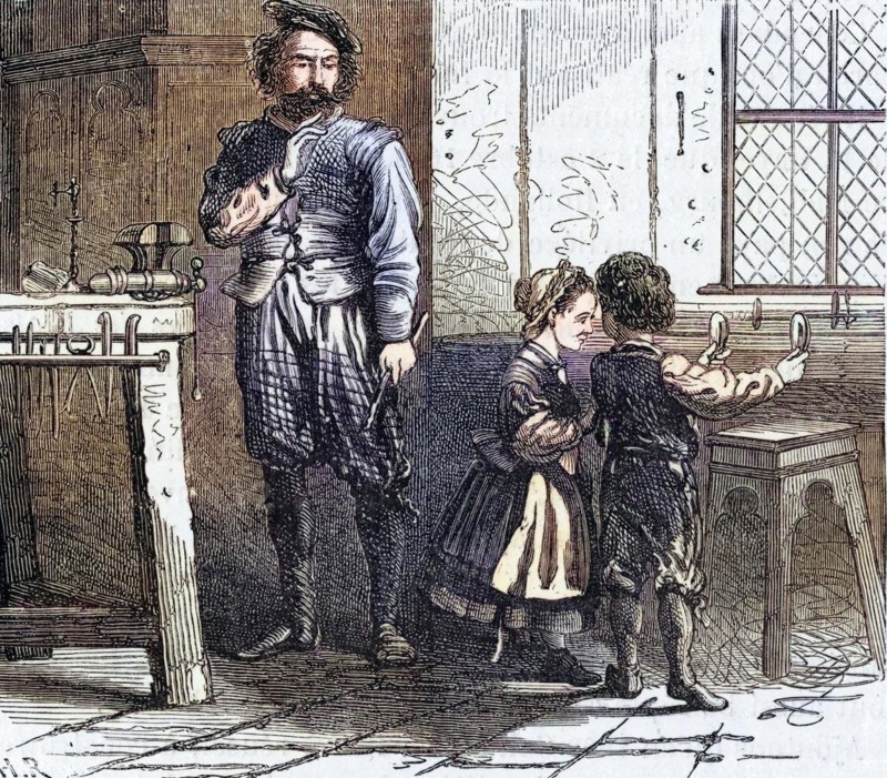 Artist's impression of the chance discovery of the principle of the telescope by children playing in the workshop of the Dutch optician Hans Lippershey (d1619), Wood engraving, 1863, Historic, digitally restored reproduction from a 19th century original, Record date not stated